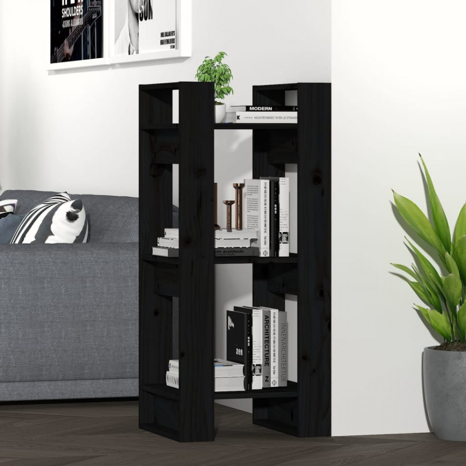 Bibliotecă/separator cameră, negru, 41x35x91 cm, lemn masiv pin