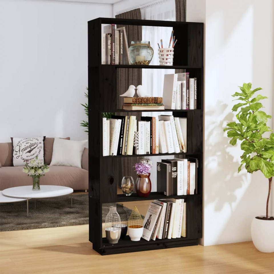 Bibliotecă/separator cameră negru 80x25x163,5 cm lemn masiv pin
