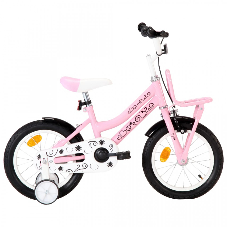 Bicicletă copii cu suport frontal, alb și roz, 14 inci Casa Practica