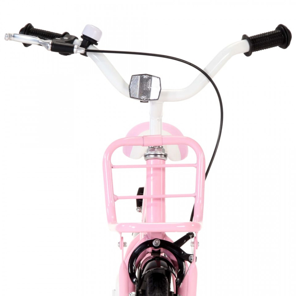 Bicicletă copii cu suport frontal, alb și roz, 14 inci
