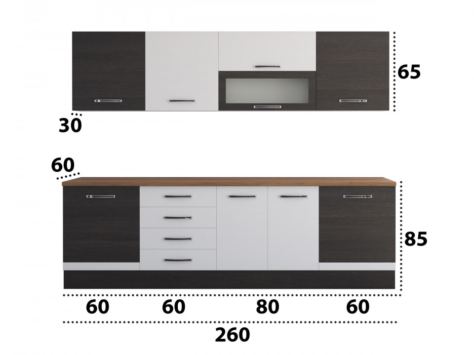 Bucatarie Alfa 260, Cu vitrina, Alb/Wenge, Blat termic nuc