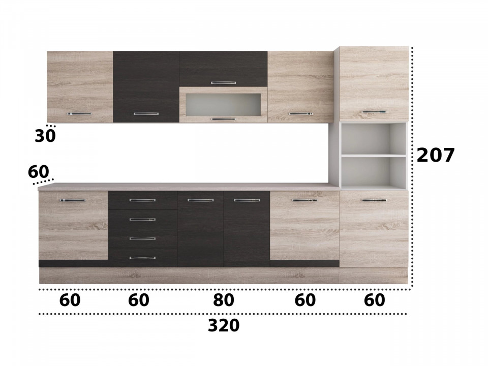 Bucatarie Alfa 320, wenge/sonoma, blat termic travertin, corp pentru cuptor incorporabil