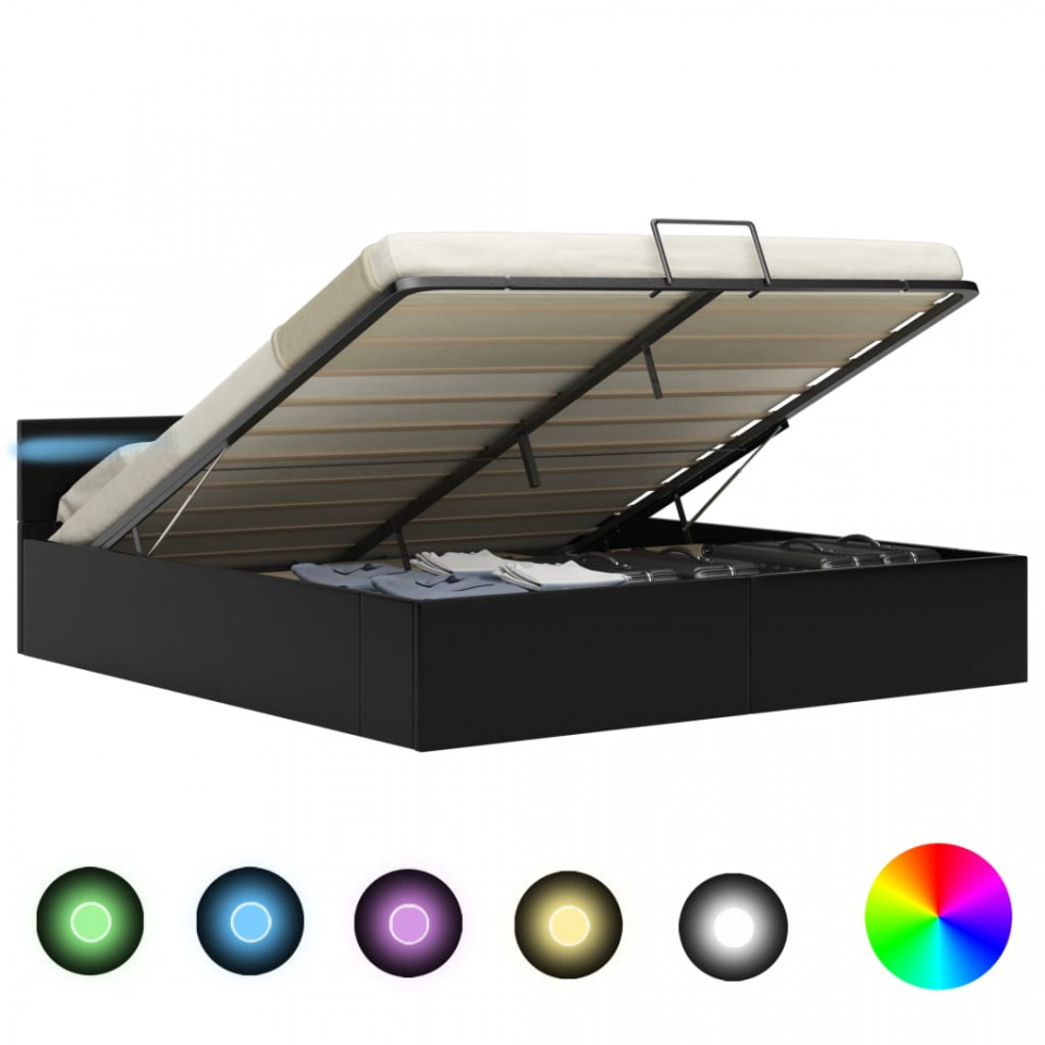 Cadru pat hidraulic cu ladă LED negru 160x200cm piele ecologică