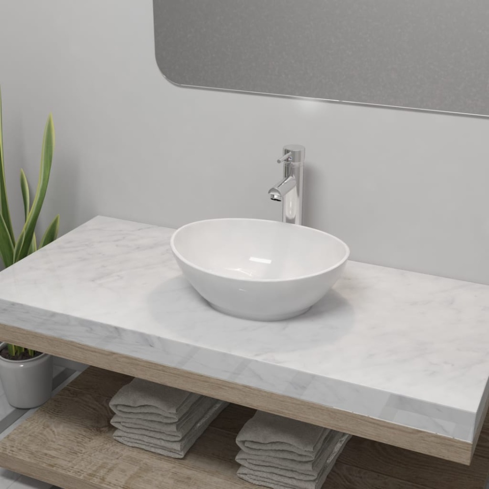 Chiuvetă de baie cu robinet mixer, ceramică, oval, alb