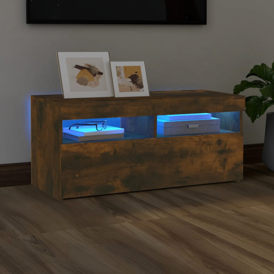 Comodă TV cu lumini LED, stejar fumuriu, 90x35x40 cm