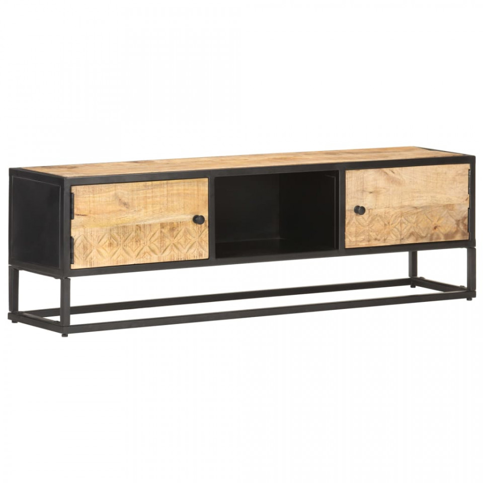 Comodă tv cu ușă sculpată, 130 x 30 x 40 cm, lemn mango brut