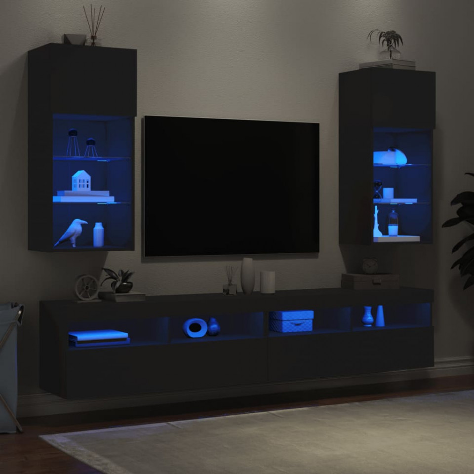 Comode TV cu lumini LED, 2 buc., negru, 40,5x30x90 cm