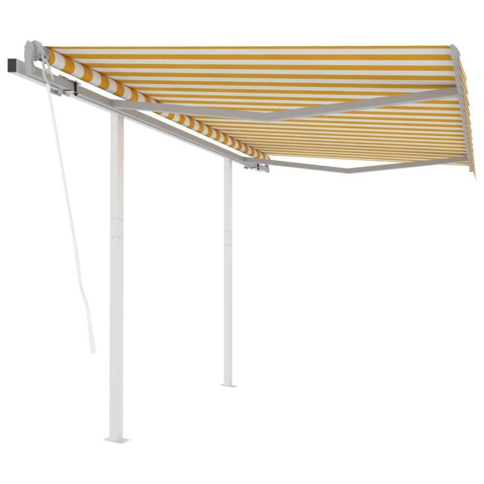 Copertină retractabilă automat cu stâlpi, galben/alb, 3x2,5 m