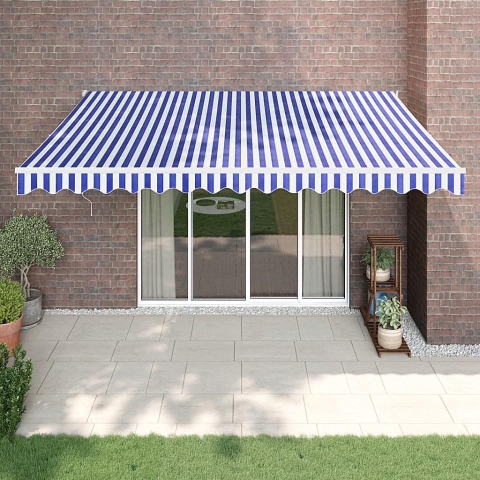 Copertină retractabilă automată, albastru și alb, 4x3 m