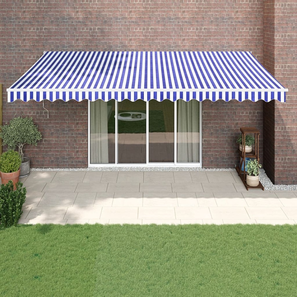 Copertină retractabilă automată, albastru și alb, 5x3 m