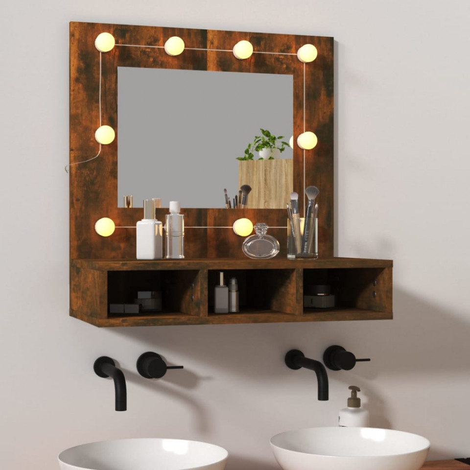 Dulap cu oglindă și led, stejar fumuriu, 60x31,5x62 cm