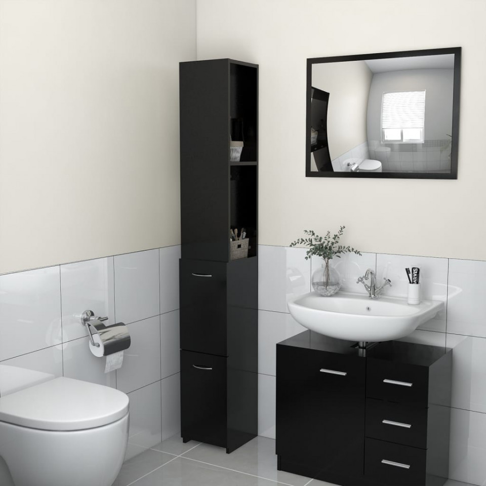 Dulap de baie, negru, 25x26,5x170 cm, lemn prelucrat