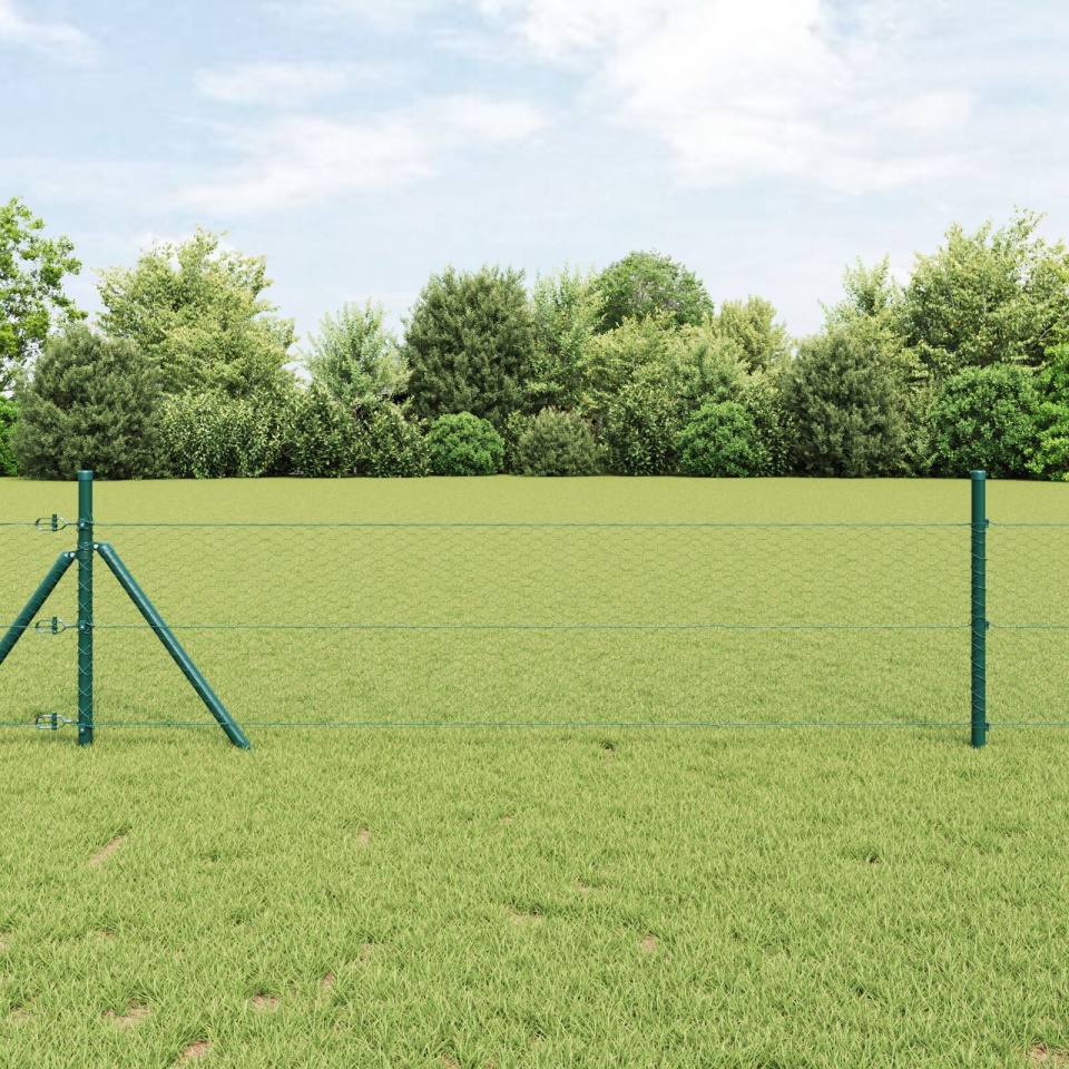 Împrejmuire Hexagonală Verde 0.8x25 m Oțel, Stâlpi Împrejmuire 13 buc Verde Ø32 mm 120 cm Oțel Galvanizat