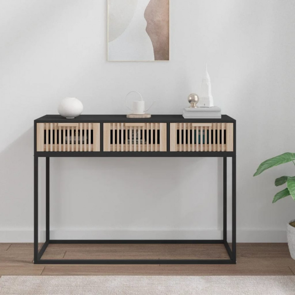 Masă consolă, negru, 105x30x75 cm, lemn prelucrat și fier