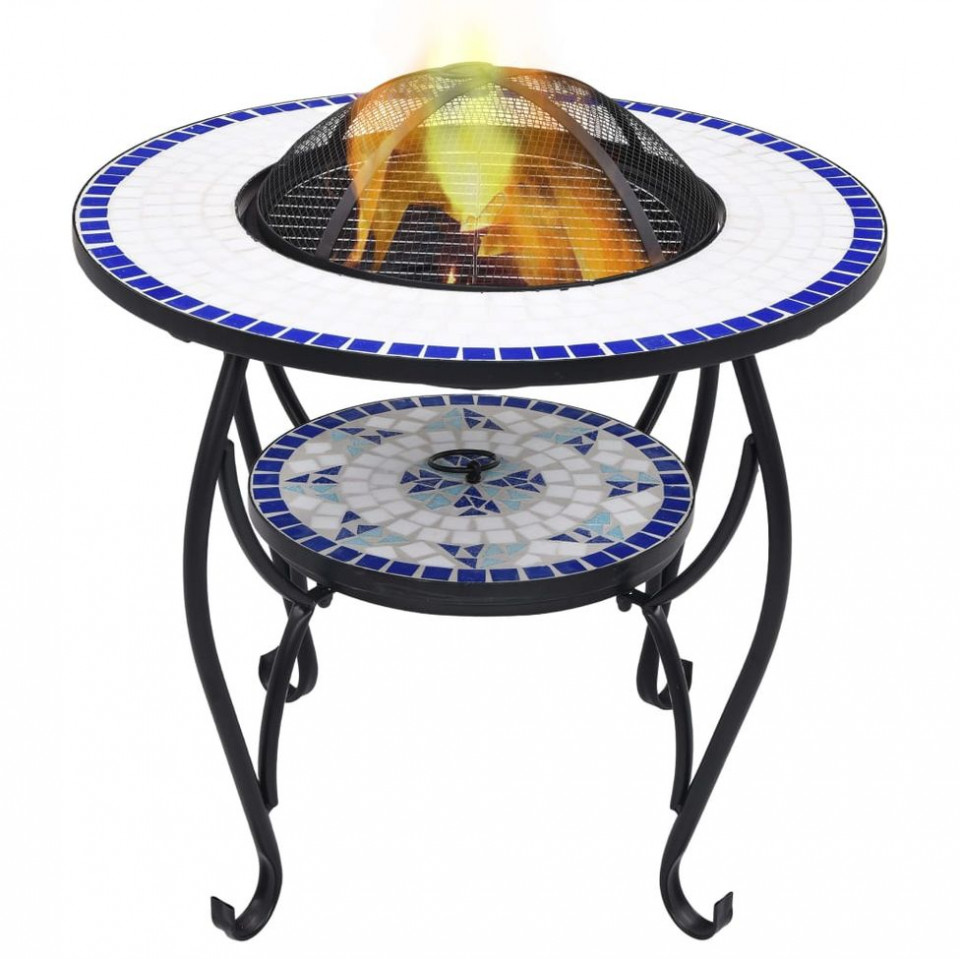 Masă cu vatră de foc, mozaic, albastru și alb, 68 cm, ceramică Alb