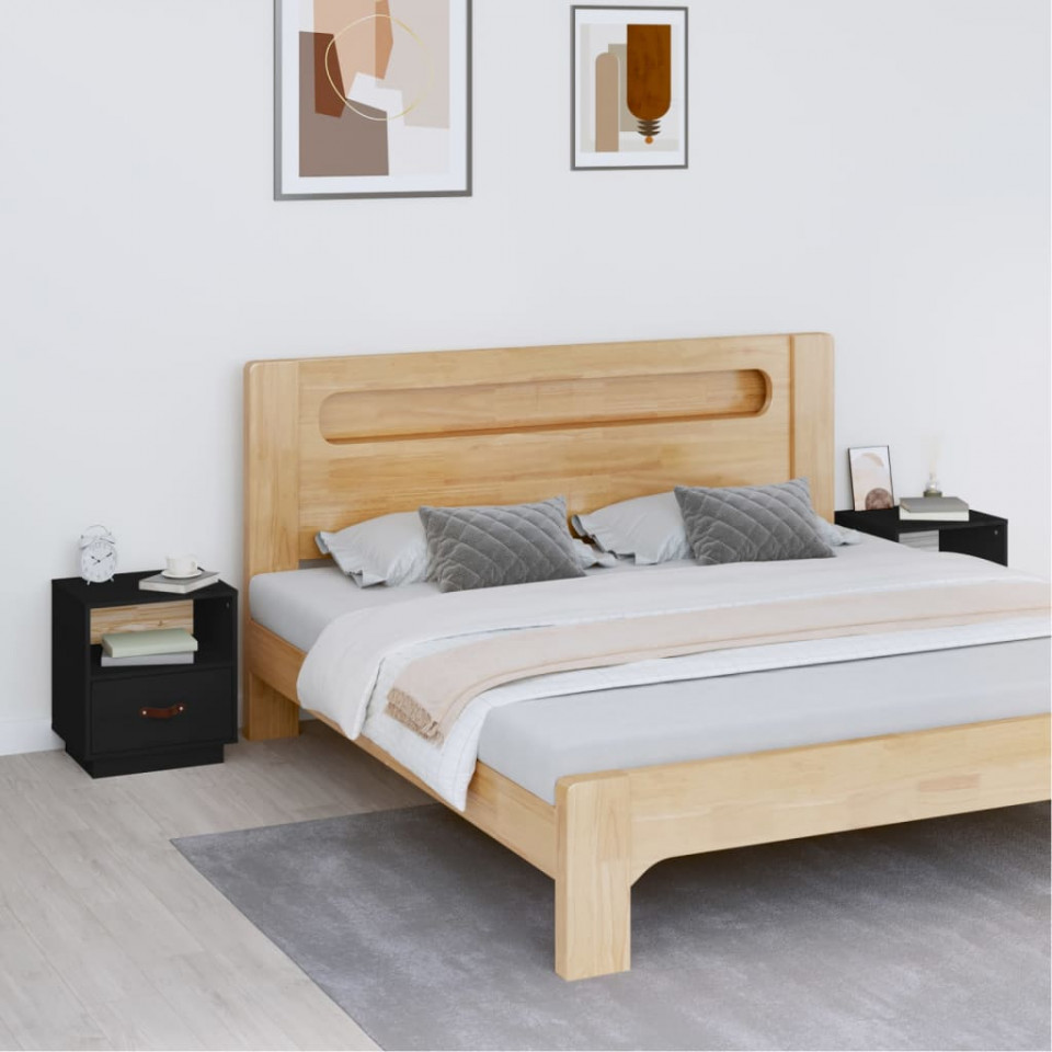 Noptiere, 2 buc., negru, 40x34x45 cm, lemn masiv de pin