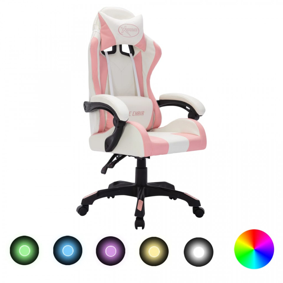 Scaun de racing cu led rgb, roz și negru, piele ecologică