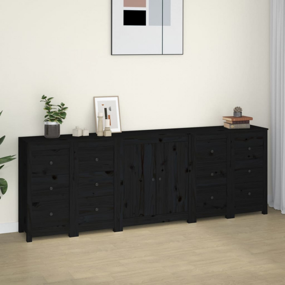 Servantă, negru, 230x35x80 cm, lemn masiv de pin
