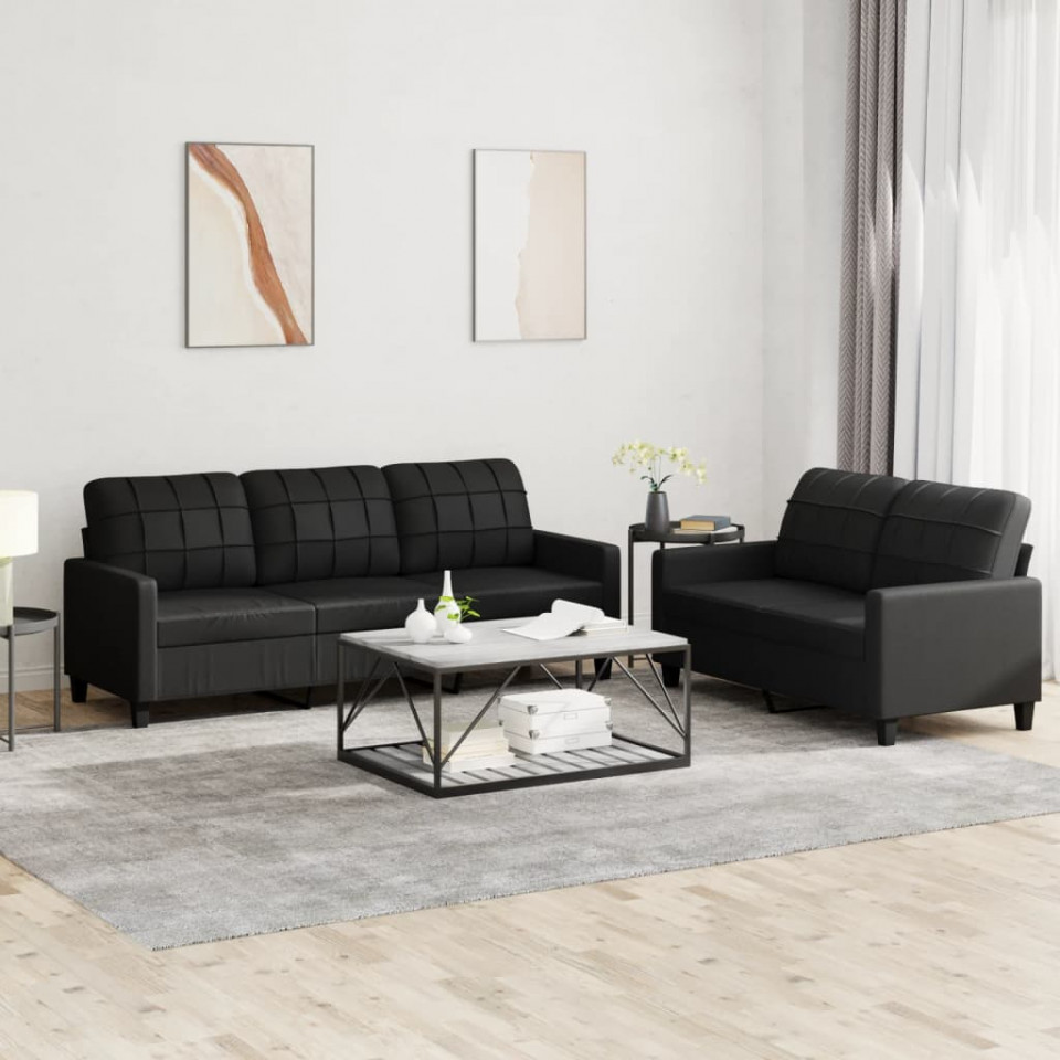 Set de canapele cu perne, 2 piese, negru, piele ecologică