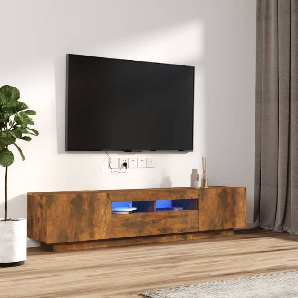 Set dulapuri TV cu LED, 2 piese, stejar fumuriu, lemn prelucrat