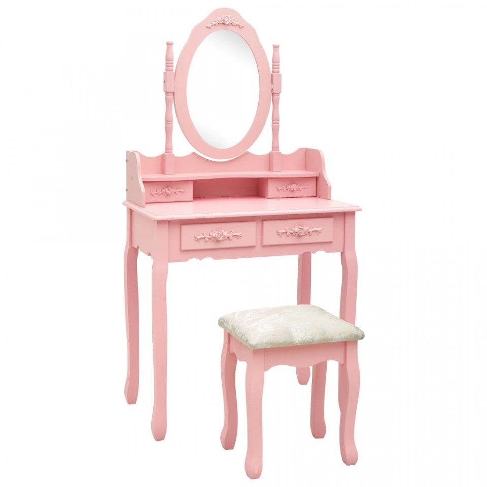 Set masă de toaletă cu taburet roz 75x69x140 cm lemn paulownia Casa Practica