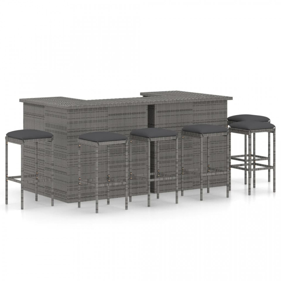 Set mobilier bar de grădină cu perne, 8 piese, gri, poliratan