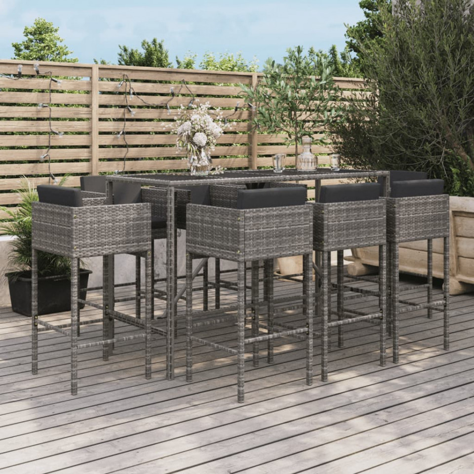 Set mobilier bar de grădină, cu perne, 9 piese, gri, poliratan