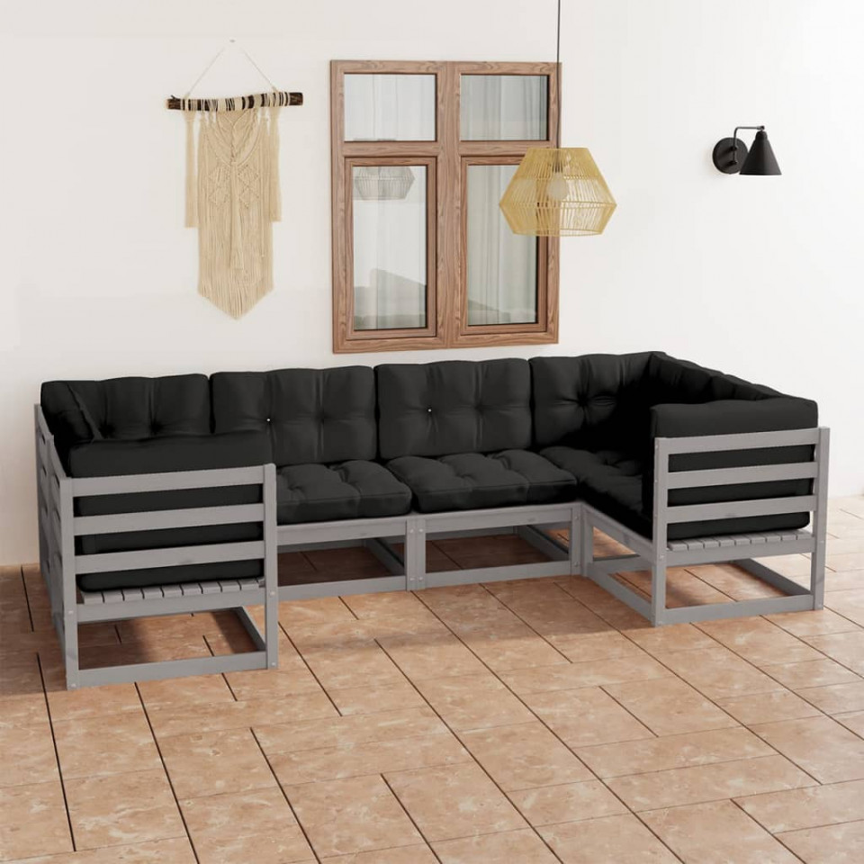 Set mobilier de grădină cu perne, 6 piese, gri, lemn masiv pin