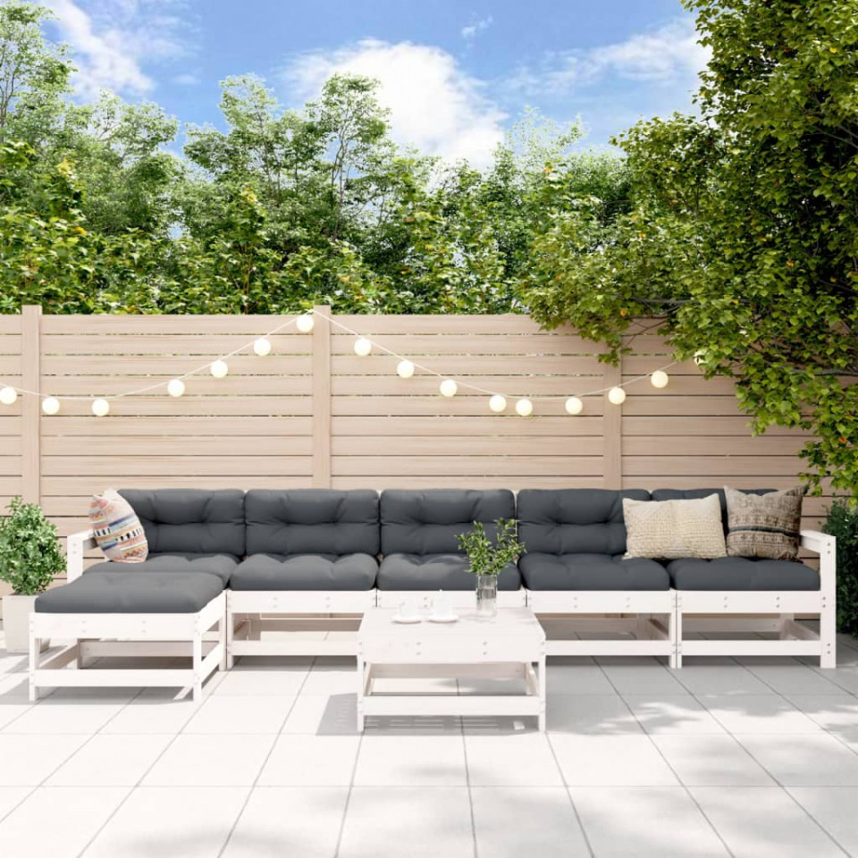 Set mobilier de grădină cu perne, 7 piese, alb, lemn masiv