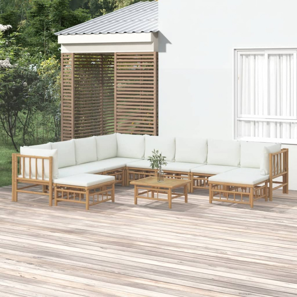 Poza Set mobilier de gradina, cu perne alb crem, 11 piese, bambus