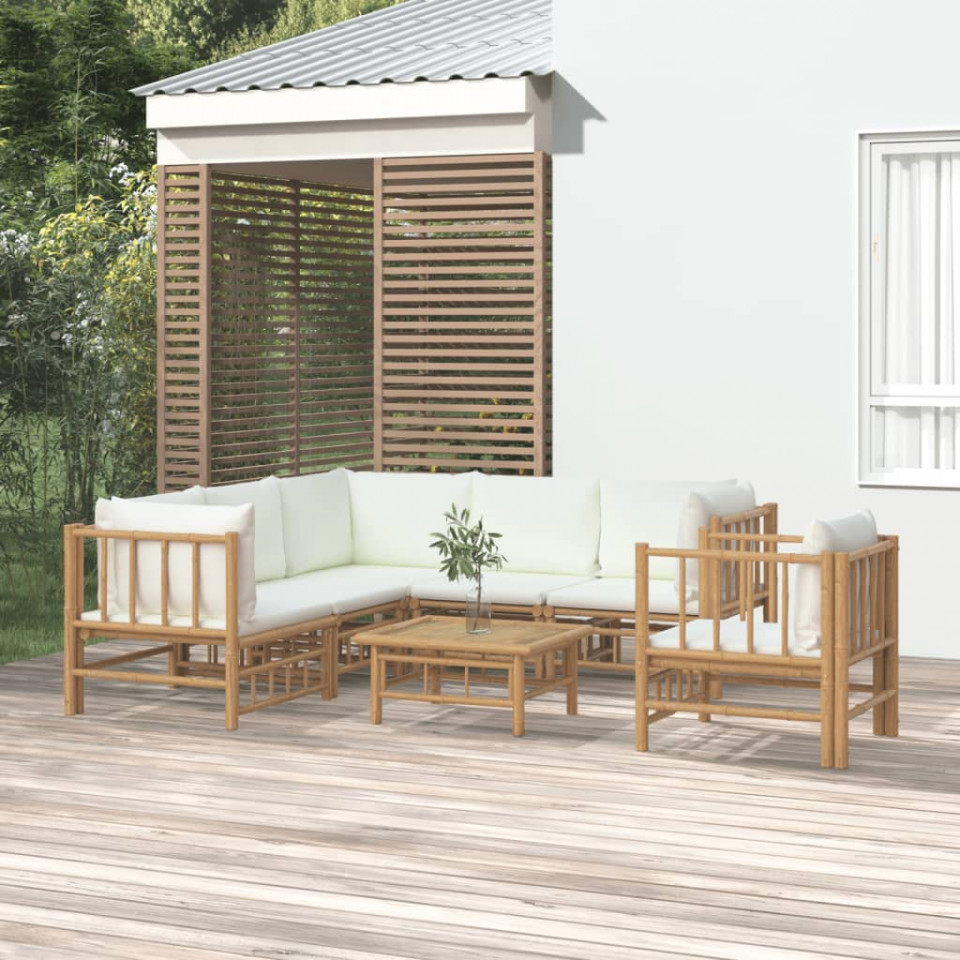 Poza Set mobilier de gradina cu perne alb crem, 7 piese, bambus