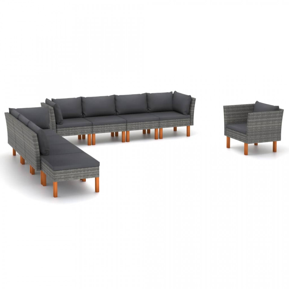 Set mobilier grădină 9 piese gri poliratan/lemn de eucalipt