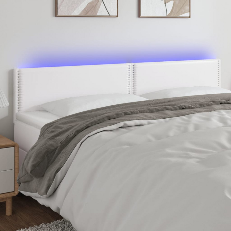 Tăblie de pat cu LED, alb, 180x5x78/88 cm, piele ecologică