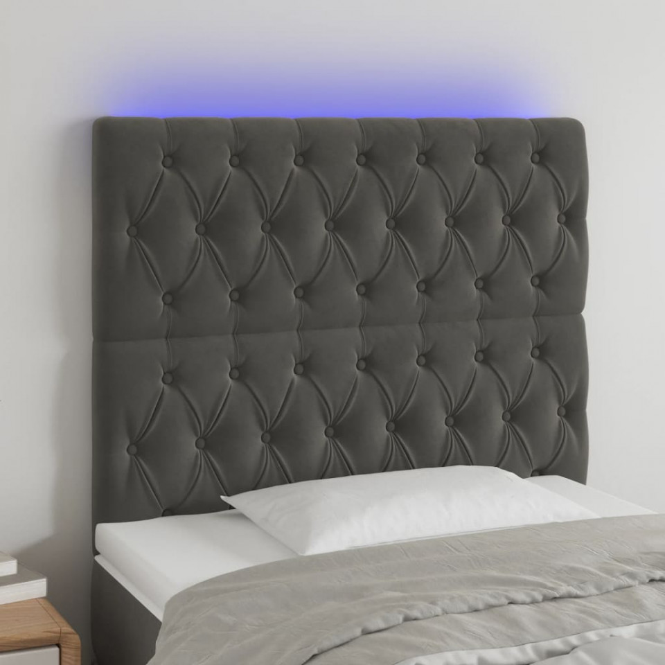Tăblie de pat cu led, gri închis, 100x7x118/128 cm, textil