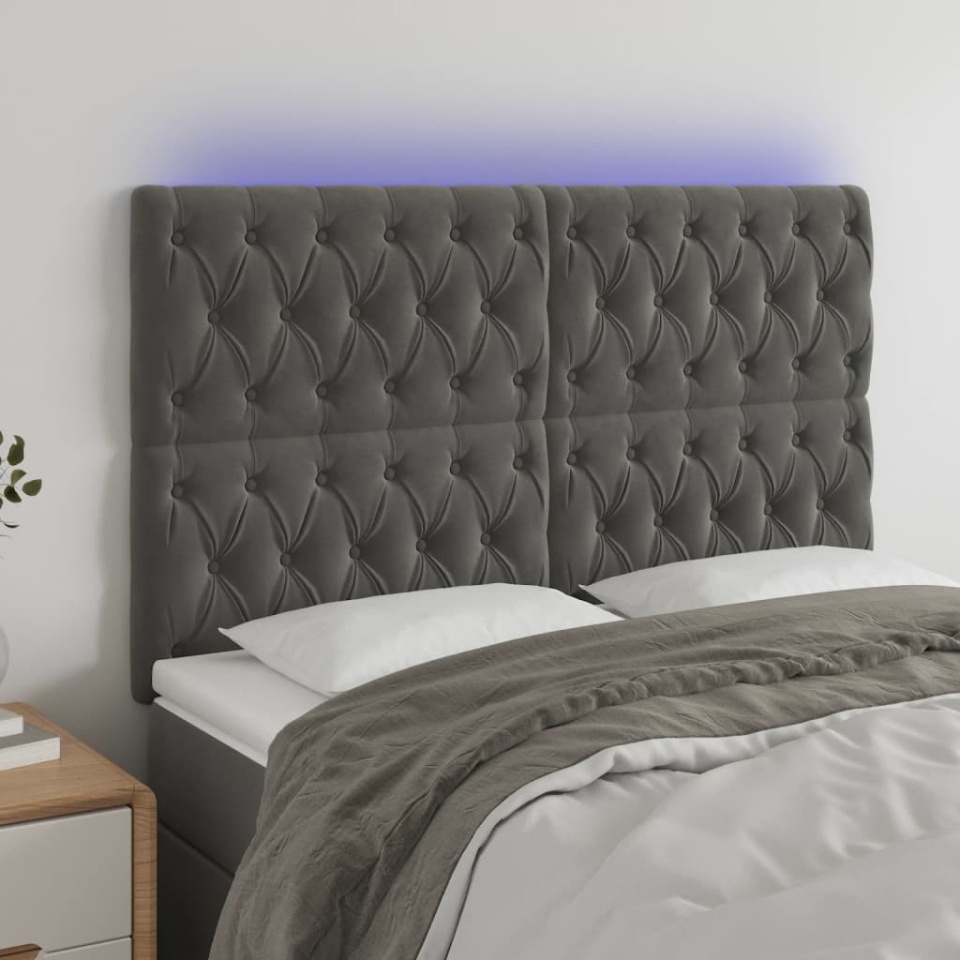 Tăblie de pat cu LED, gri închis, 144x7x118/128 cm, catifea