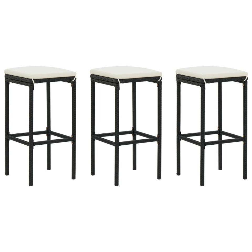 Taburete de bar cu perne, 3 buc., negru, poliratan