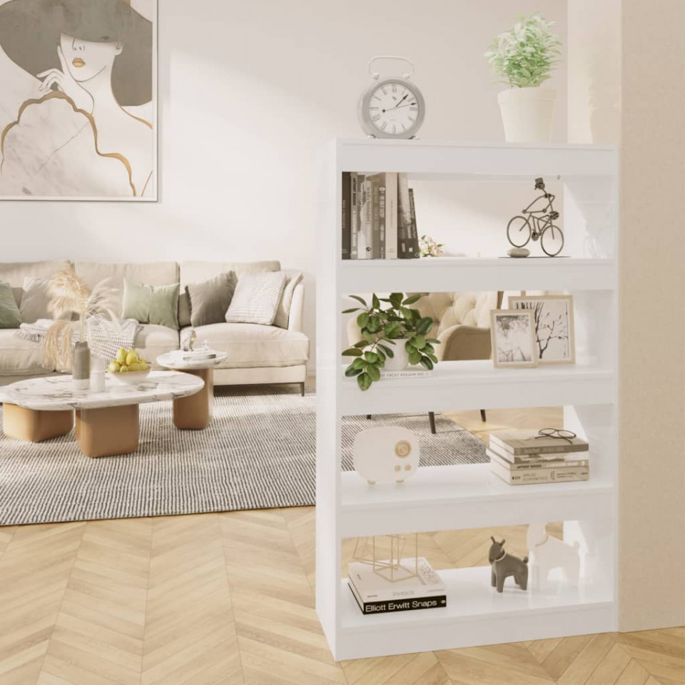 Bibliotecă/separator cameră, alb extralucios, 80x30x135 cm pal