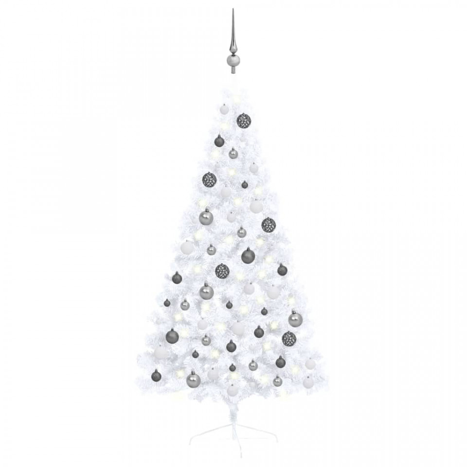 Brad Crăciun artificial jumătate set LED & globuri alb 150 cm 150