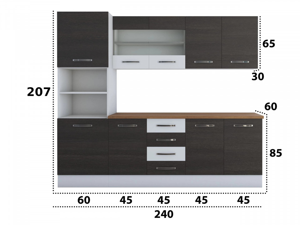 Bucatarie Alfa 240, Soldat, Cu vitrina, Wenge/Alb, Blat termic nuc