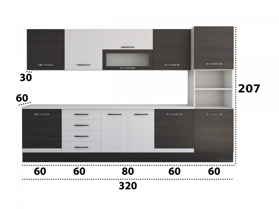 Bucatarie Alfa 320, alb/wenge, blat termic alb, corp pentru cuptor incorporabil