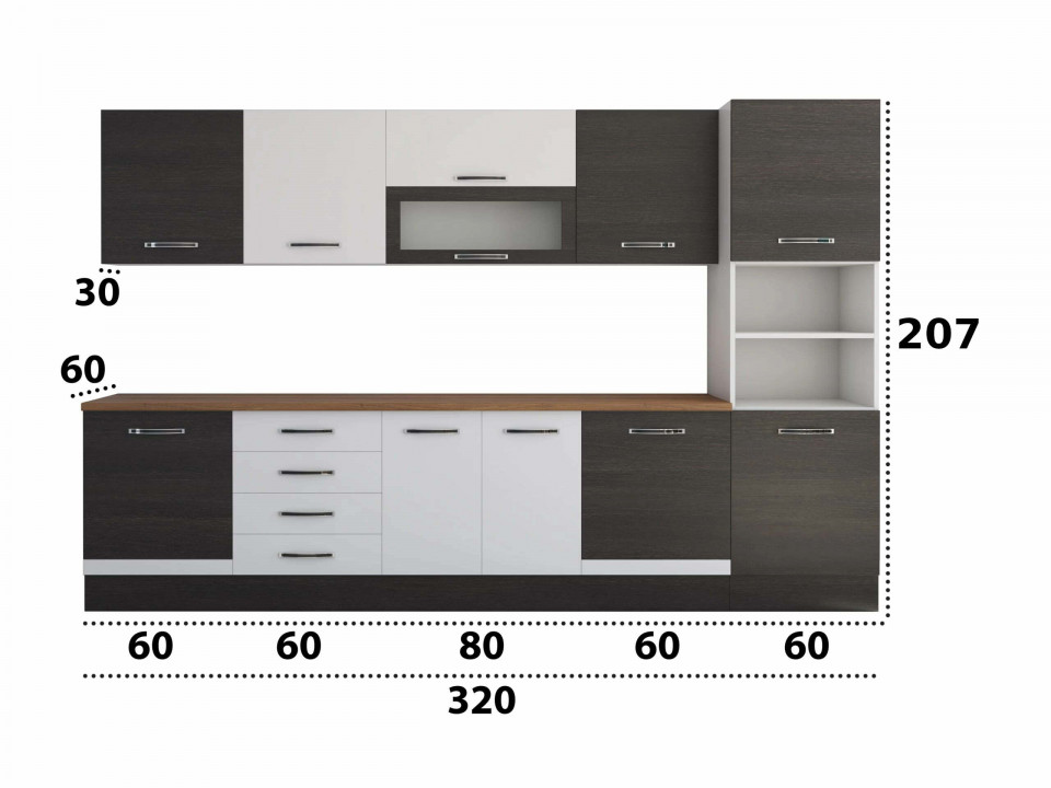 Bucatarie Alfa 320, alb/wenge, blat termic nuc, corp pentru cuptor incorporabil