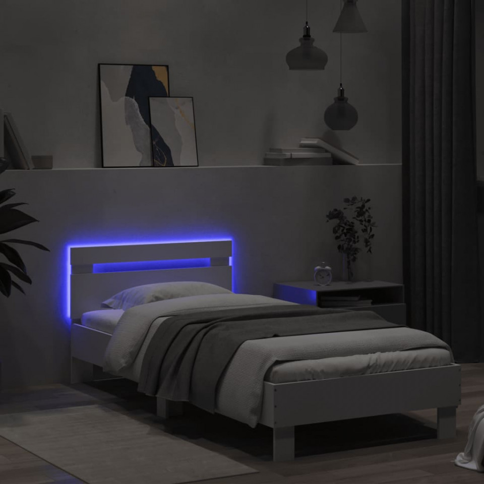 Cadru de pat cu tăblie și lumini LED, alb, 90x190 cm