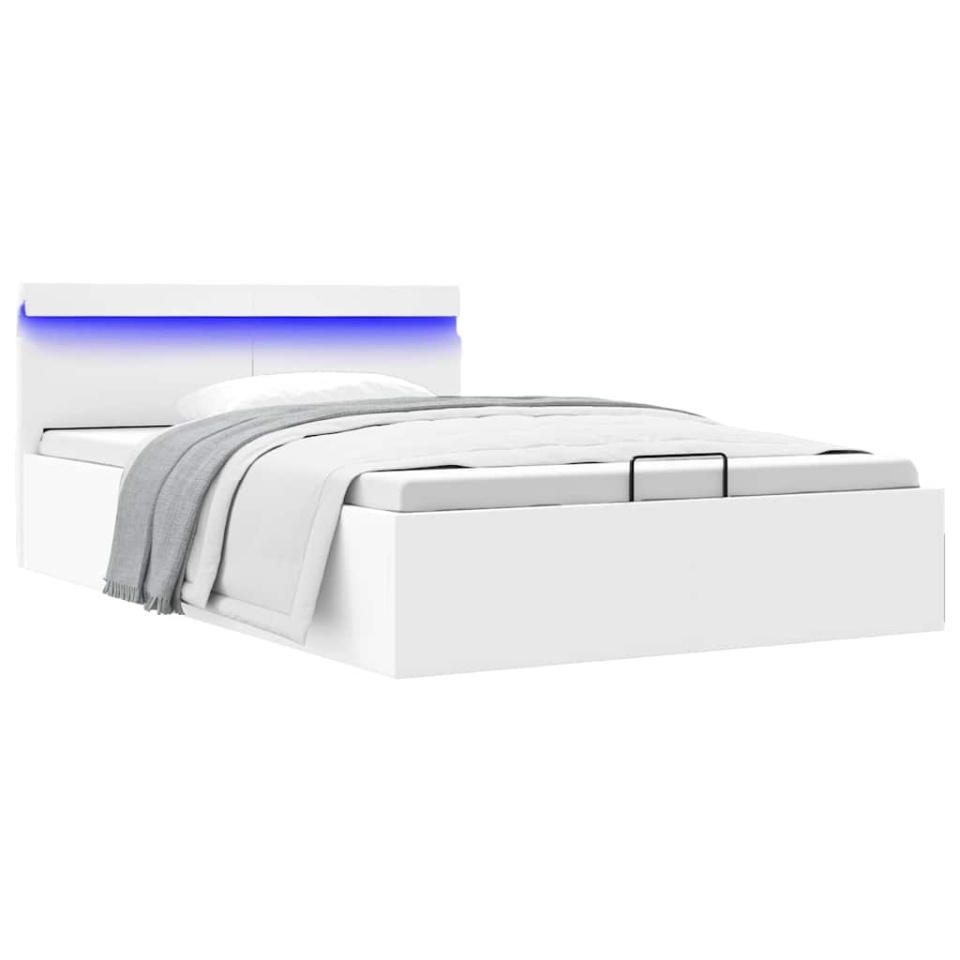 Cadru pat hidraulic cu ladă LED alb 120x200 cm piele ecologică
