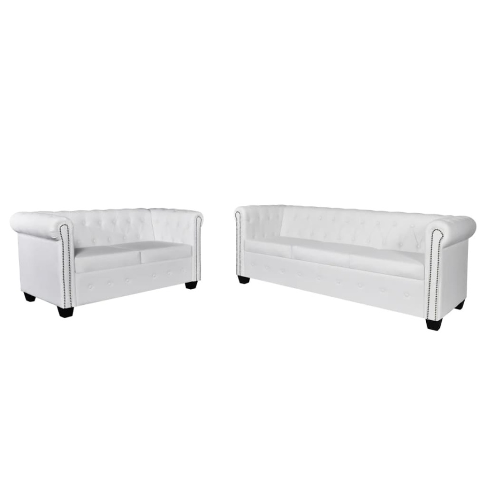 Canapea Chesterfield cu 2 și 3 locuri, piele ecologică, alb