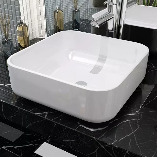 Chiuvetă de baie din ceramică, pătrată, 38 x 38 x 13,5 cm, alb Casa Practica