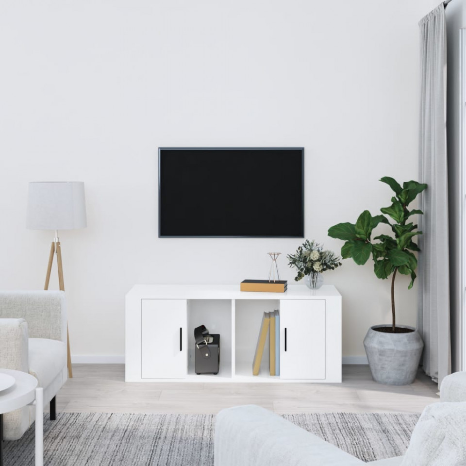 Comodă TV, alb extralucios, 100x35x40 cm, lemn prelucrat