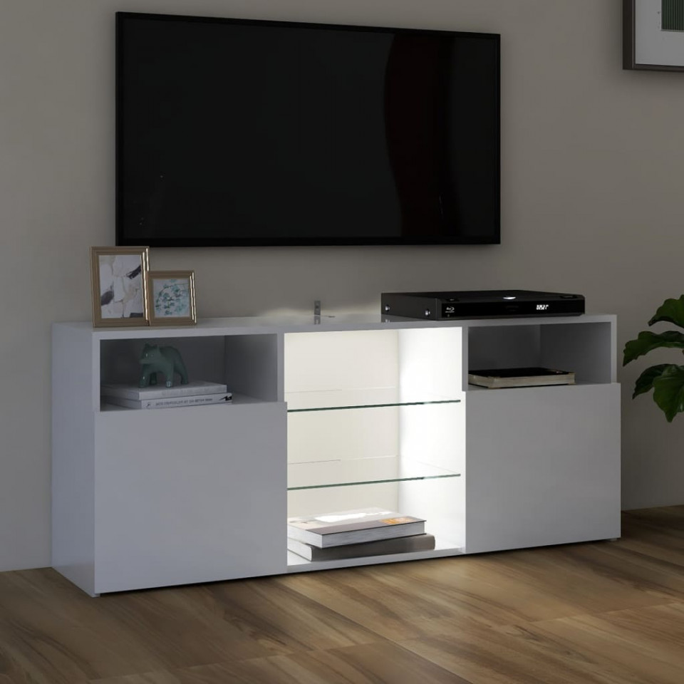 Comodă TV cu lumini LED, alb extralucios, 120x30x50 cm