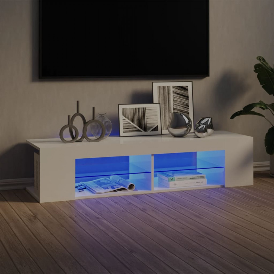 Comodă TV cu lumini LED, alb extralucios, 135x39x30 cm Casa Practica