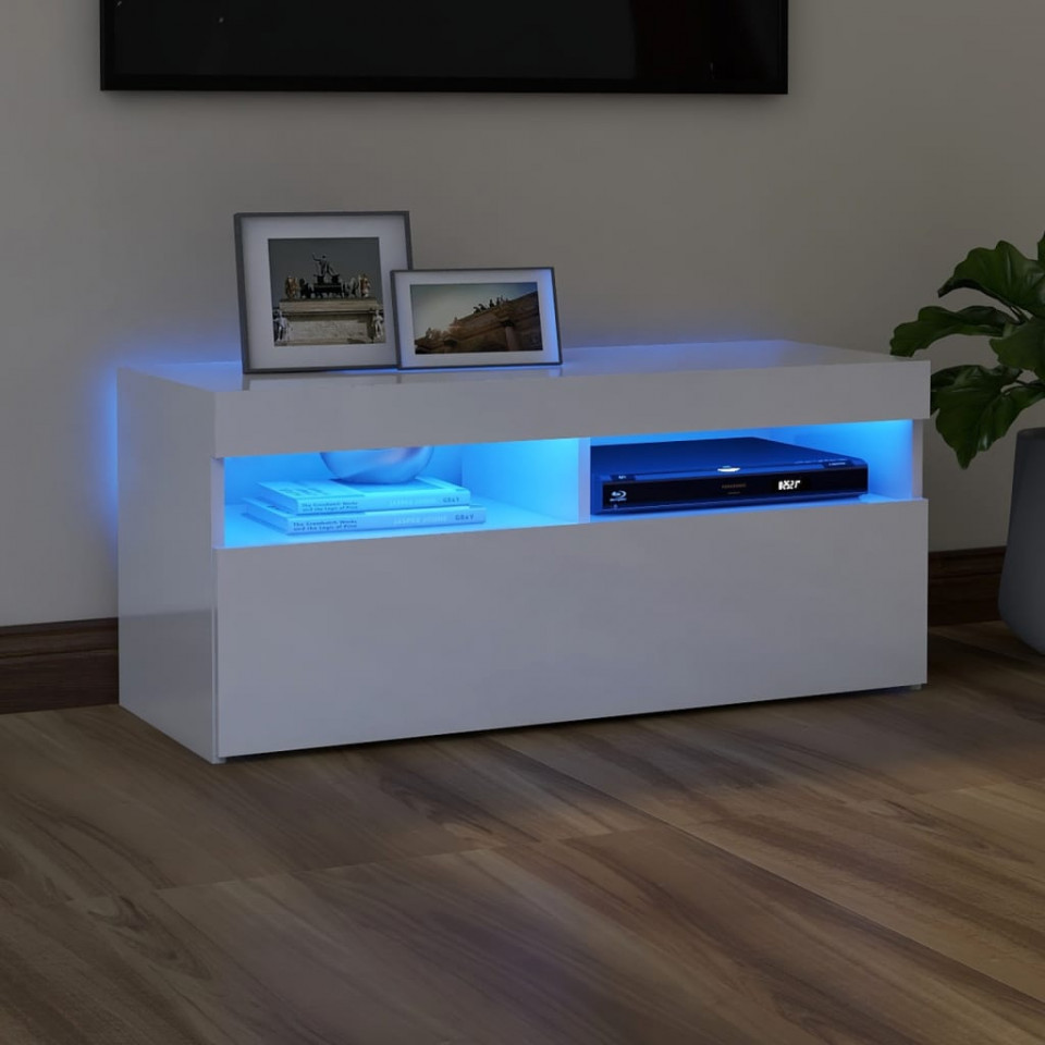 Comodă TV cu lumini LED, alb extralucios, 90x35x40 cm Casa Practica