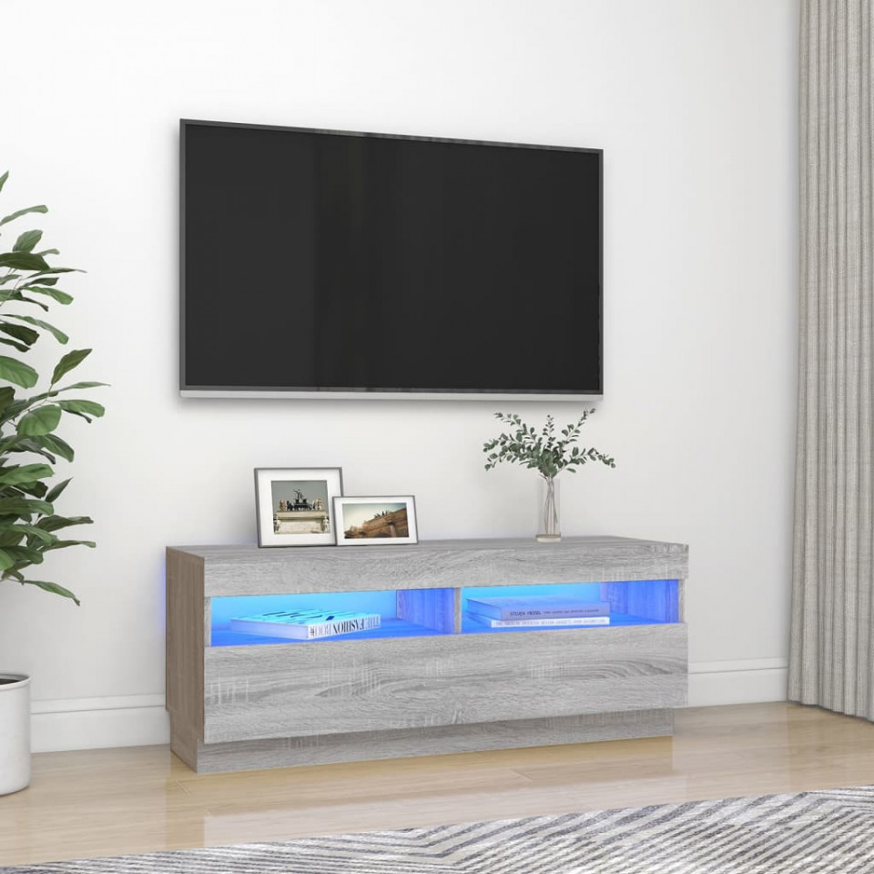 Comoda TV cu lumini LED, gri sonoma, 100x35x40 cm